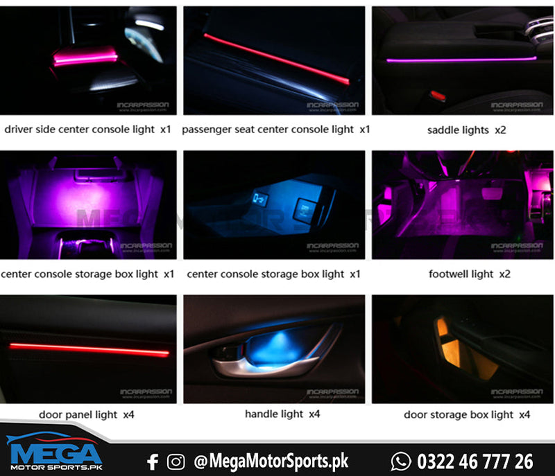 Honda Civic X Complete Atmospheric / Illumination Kit - 64 Color - Carbon Fiber Strips / Complete Ambient Lights