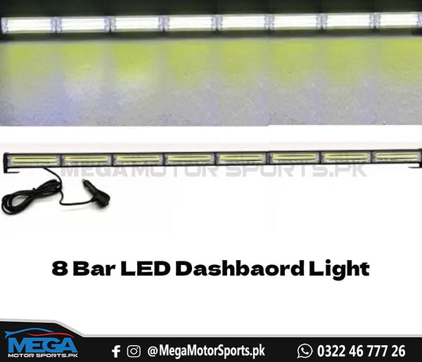 8 Bar LED Long Dashboard Light - White + Police (Red & Blue)