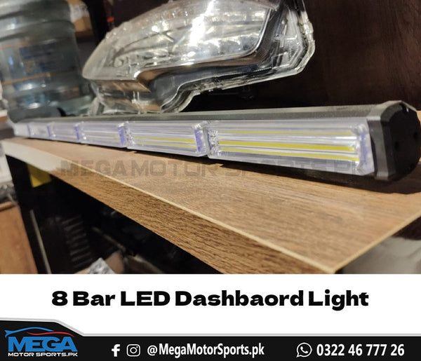 8 Bar LED Long Dashboard Light - White + Police (Red & Blue)