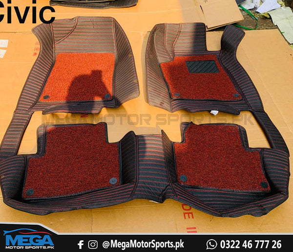 Honda Civic X 9D Black Horizontal lining Floor Mats with Red Grass For 2016 2017 2018 2019 2020 2021