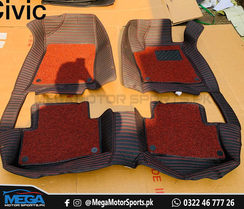Honda Civic X 9D Black Horizontal lining Floor Mats with Red Grass For 2016 2017 2018 2019 2020 2021