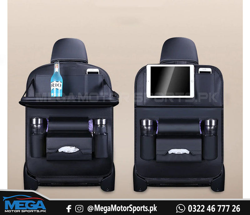 Black PU Leather Car Seat Organizer With Food Tray / Back Seat Multi-Pocket Storage Bag Organizer Holder Accessory